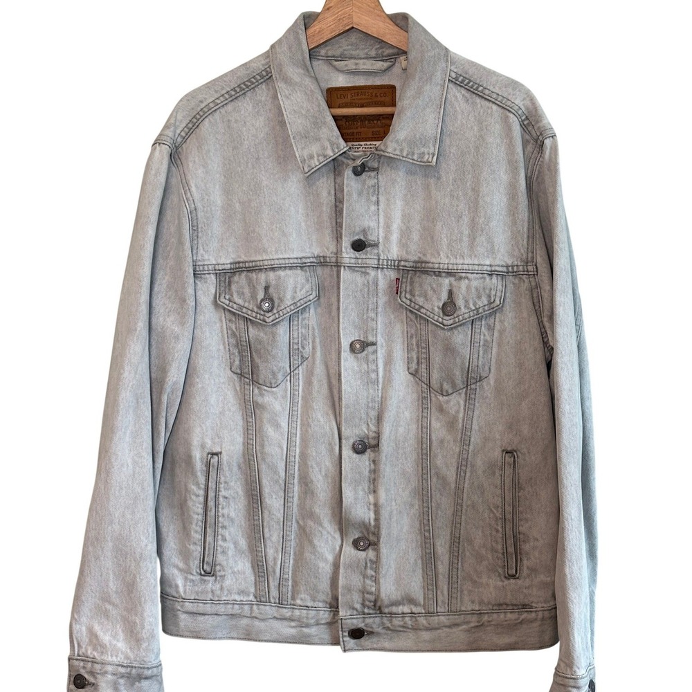 Levi's Premium Trucker Jacket Light Grey Mens Size L Vintage Fit Acid Wash Denim